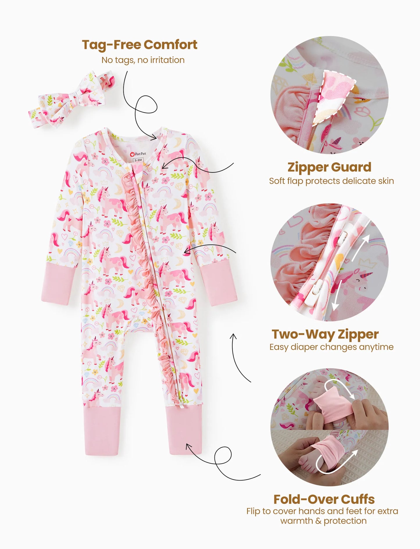 Bamboo Baby Boy/Girl Animal Printed 2-Way Zipper Anti Slip Long-sleeve Footie with/without Hairband Pink