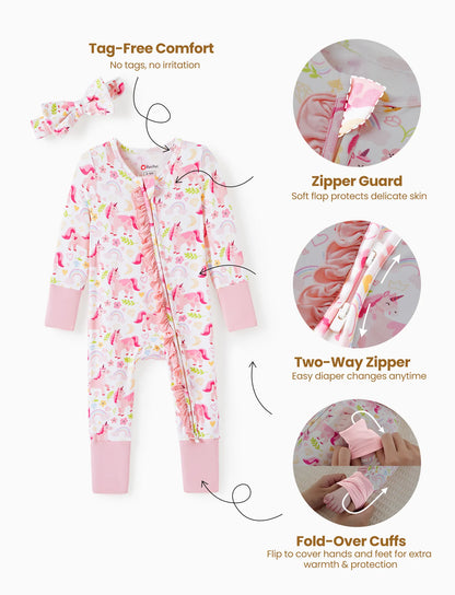 Bamboo Baby Boy/Girl Animal Printed 2-Way Zipper Anti Slip Long-sleeve Footie with/without Hairband Pink