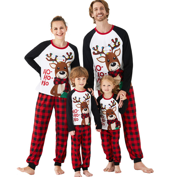 Christmas Family Matching Reindeer & Letter Print Ragaln-sleeve Red Plaid Pajamas Sets (Flame Resistant)