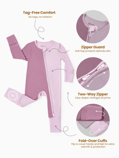 Bamboo Baby Boy / Girl Color Block 2-Way Zipper Anti Slip Long Sleeve Rompers Purple
