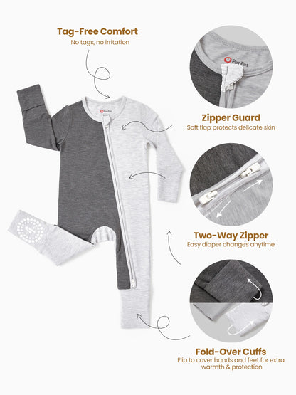 Bamboo Baby Boy / Girl Color Block 2-Way Zipper Anti Slip Long Sleeve Rompers Grey
