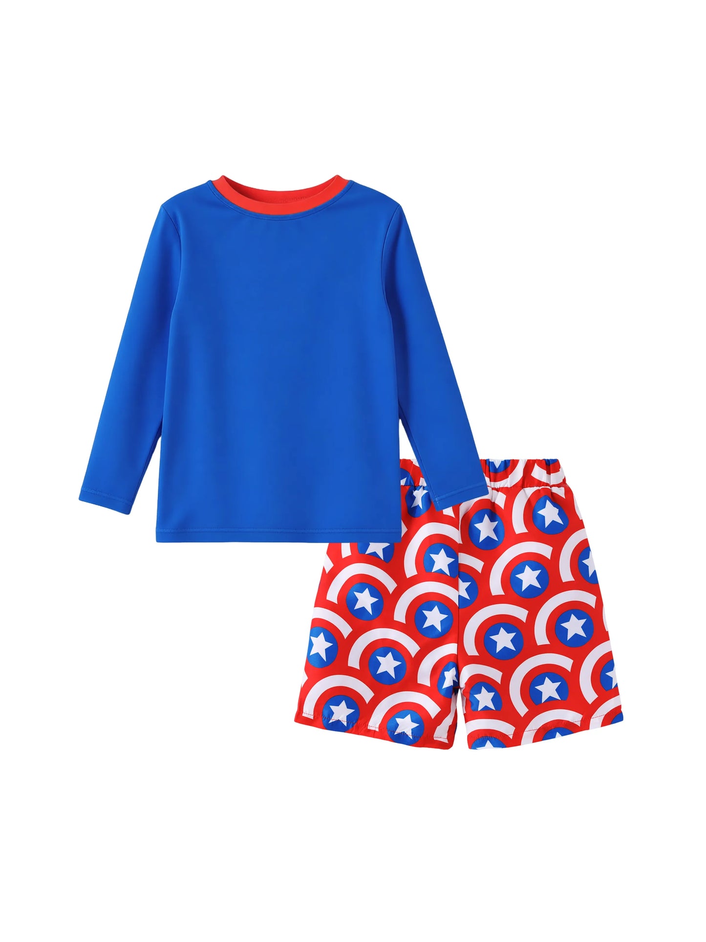 Marvel Toddler/Kid Boy 2pcs Captain America UPF50+ Allover Print Tops and Trunks Swimsuit Set Blue