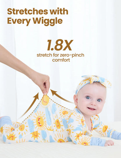 Bamboo Baby Boy/Girl Animal Printed 2-Way Zipper Anti Slip Long-sleeve Footie with/without Hairband Light Blue