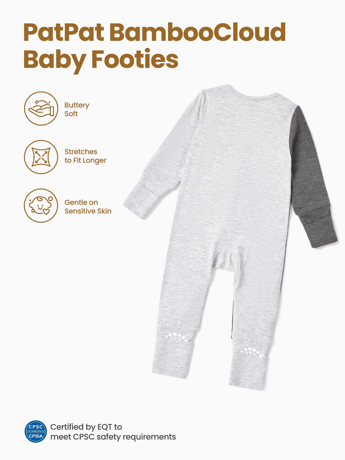 Bamboo Baby Boy / Girl Color Block 2-Way Zipper Anti Slip Long Sleeve Rompers Grey