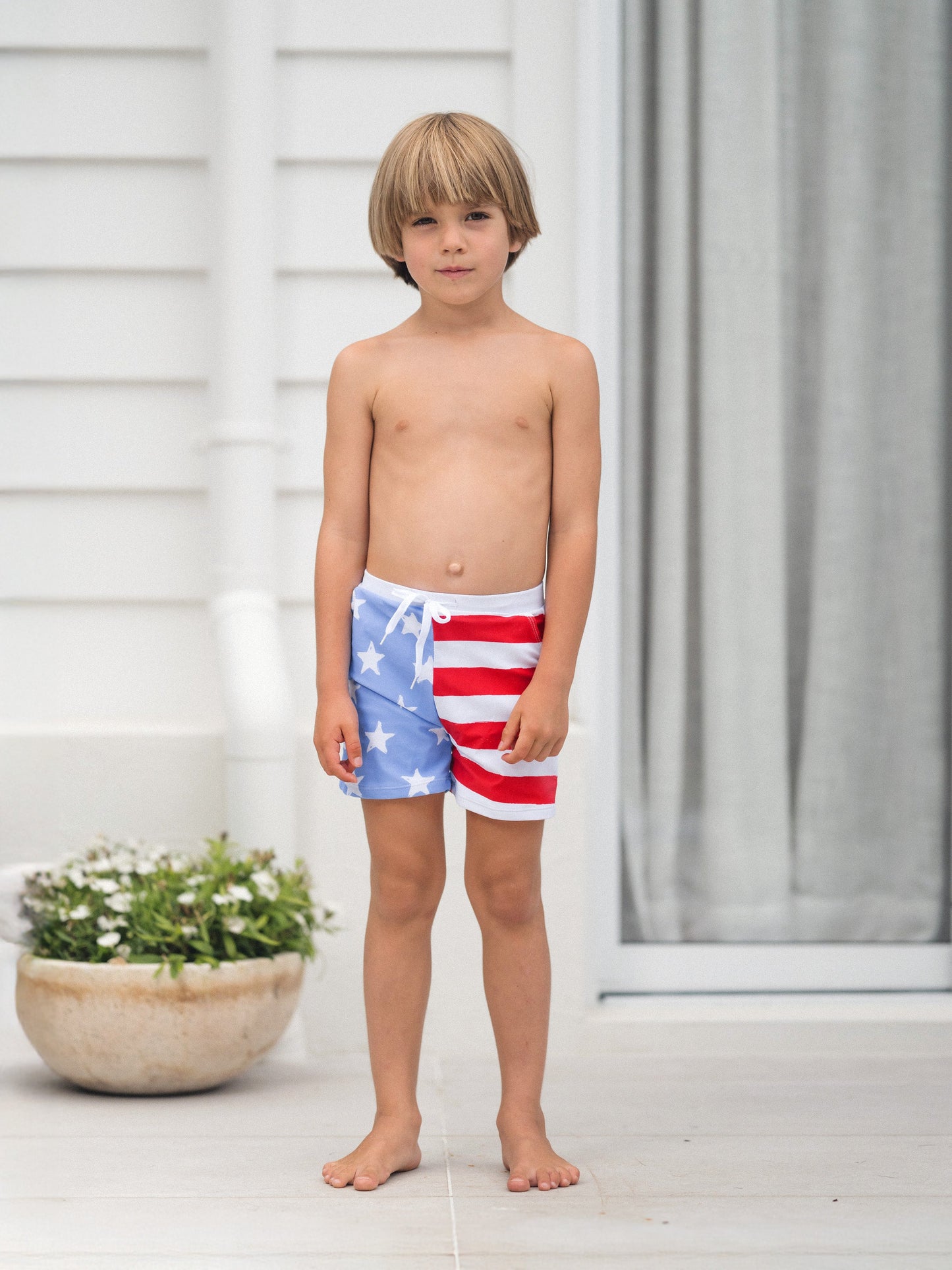 Independence Day 4th of July Family Matching Patriotic Swimwear Stars and Stripes Board Shorts or Ruffled Layers V-neck One-Piece Swimsuits Blue