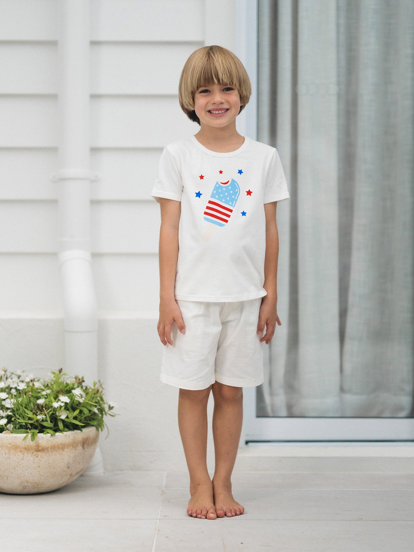 Independence Day Family Matching Patriotic Ice Cream Print Summer Cotton T-shirt & V-Neck Dresses White