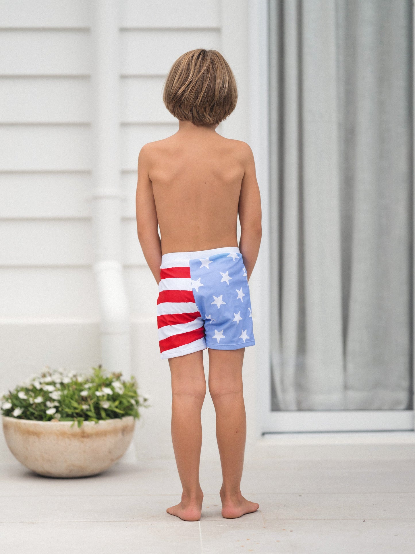 Independence Day 4th of July Family Matching Patriotic Swimwear Stars and Stripes Board Shorts or Ruffled Layers V-neck One-Piece Swimsuits Blue