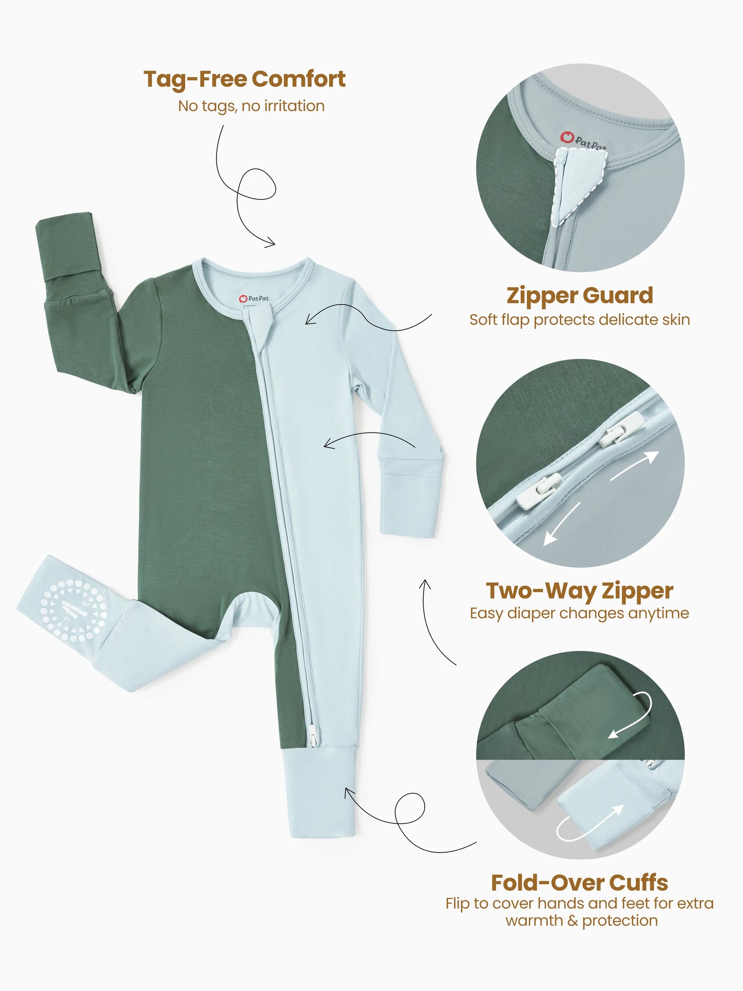 Bamboo Baby Boy / Girl Color Block 2-Way Zipper Anti Slip Long Sleeve Rompers Green