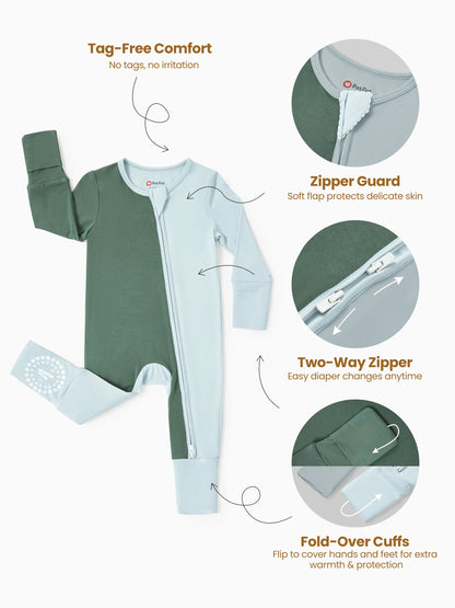 Bamboo Baby Boy / Girl Color Block 2-Way Zipper Anti Slip Long Sleeve Rompers Green
