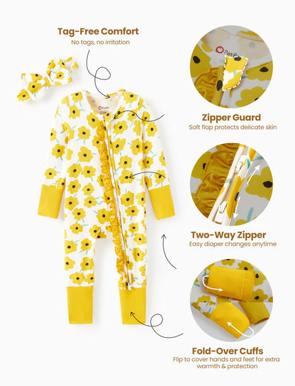 Bamboo Baby Boy/Girl Animal Printed 2-Way Zipper Anti Slip Long-sleeve Footie with/without Hairband Yellow