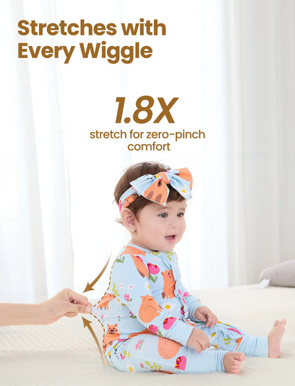 Bamboo Baby Boy/Girl Animal Printed 2-Way Zipper Anti Slip Long-sleeve Footie with/without Hairband Turquoise
