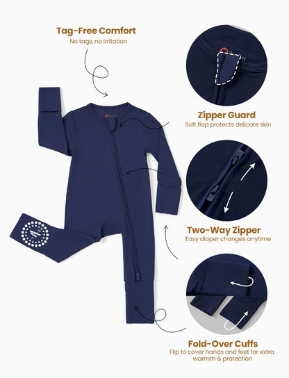Bamboo Baby Boy / Girl 3-Pack Solid&Rainbow Printed 2-Way Zipper Anti Slip Long-sleeve Footie Dark Blue