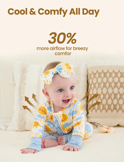Bamboo Baby Boy/Girl Animal Printed 2-Way Zipper Anti Slip Long-sleeve Footie with/without Hairband Light Blue