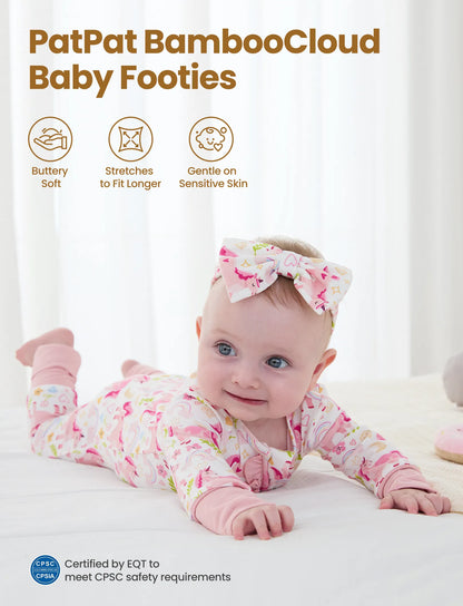 Bamboo Baby Boy/Girl Animal Printed 2-Way Zipper Anti Slip Long-sleeve Footie with/without Hairband Pink
