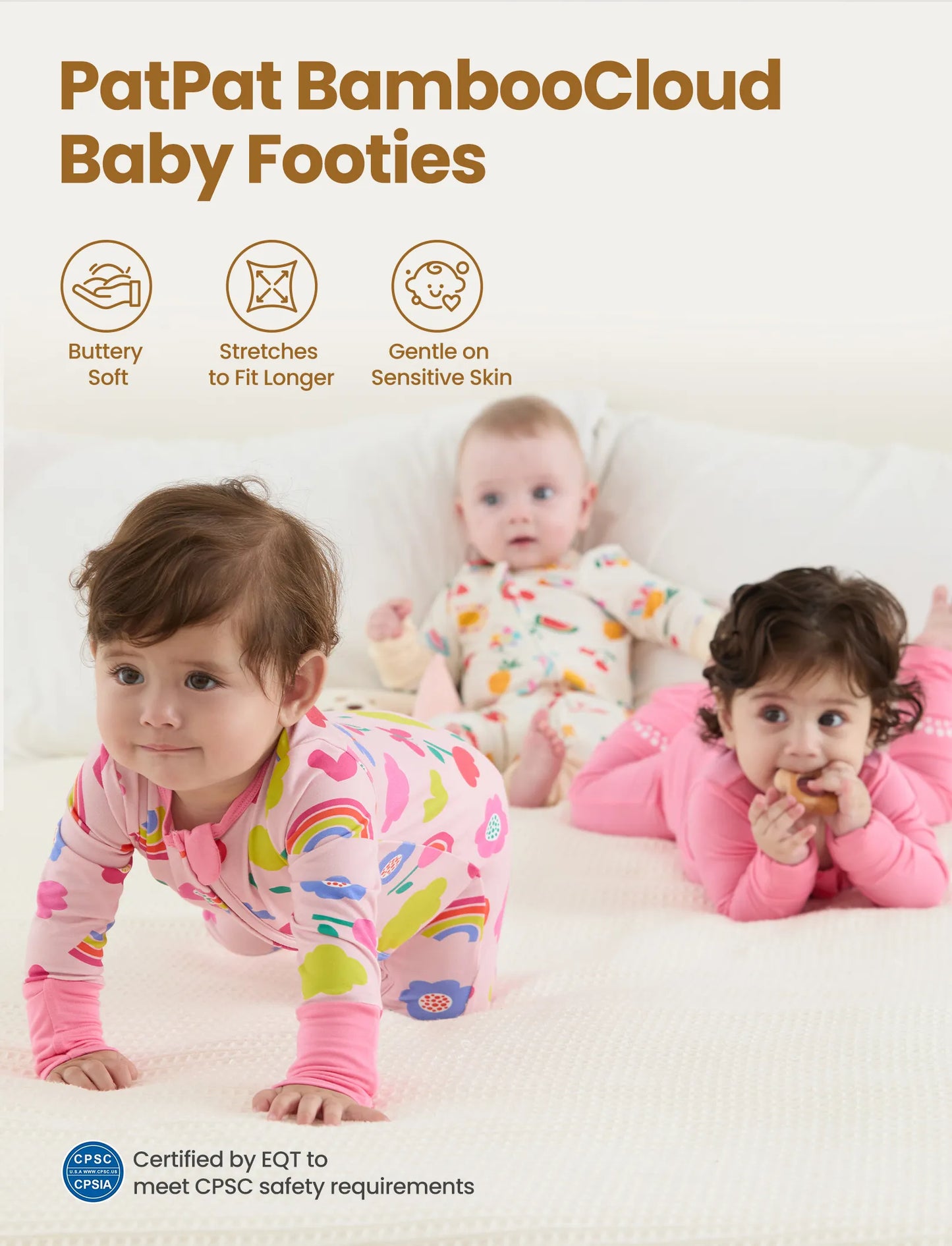 Bamboo Baby Boy / Girl 3-Pack Solid&Rainbow Printed 2-Way Zipper Anti Slip Long-sleeve Footie Pink