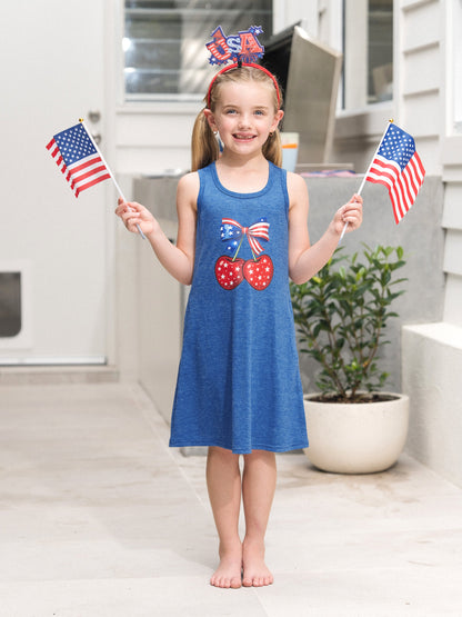 Independence Day Mommy and Me Patriotic Cherry Print Casual Sleeveless Dress Blue