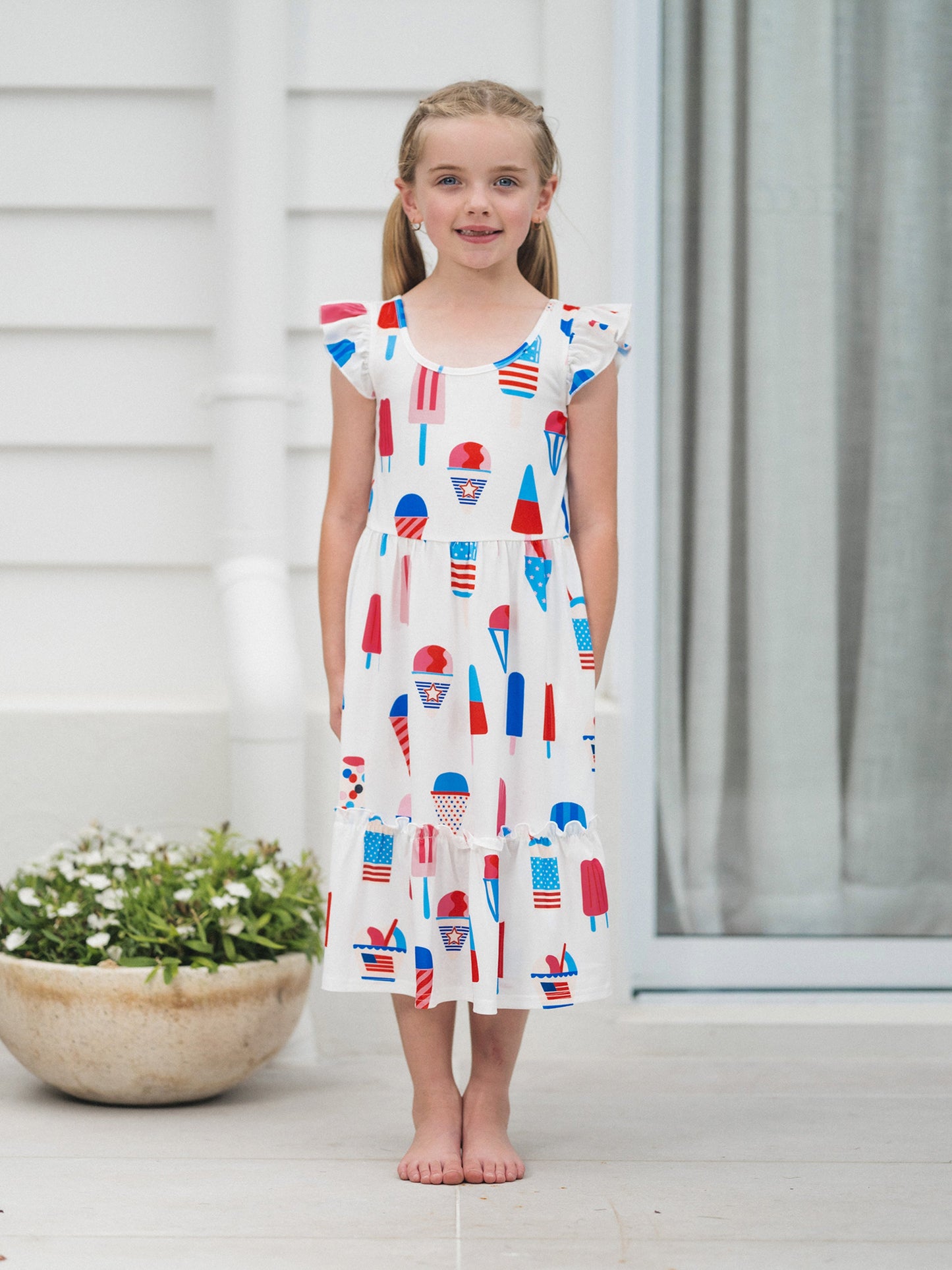 Independence Day Family Matching Patriotic Ice Cream Print Summer Cotton T-shirt & V-Neck Dresses White