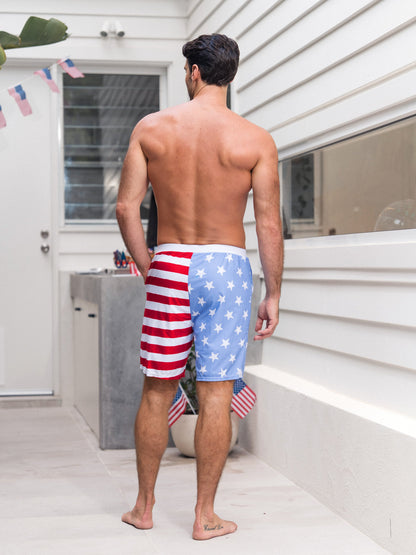 Independence Day 4th of July Family Matching Patriotic Swimwear Stars and Stripes Board Shorts or Ruffled Layers V-neck One-Piece Swimsuits Blue