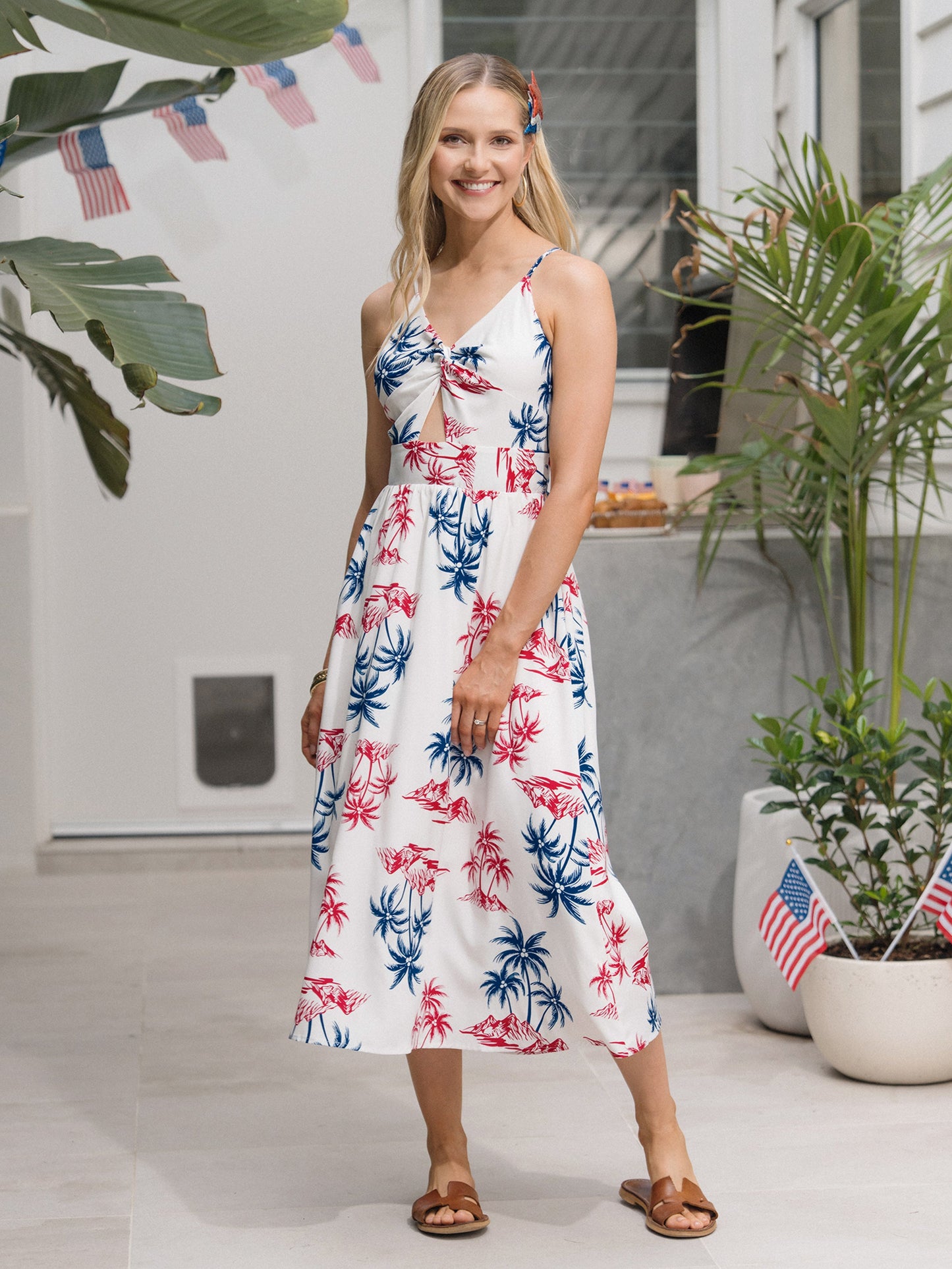 Independence Day Matching Family Outfits Red & Blue Palm Tree Print Hawaiian Vacation Clothes Summer Beach Shirt & Dress Set Multi-color
