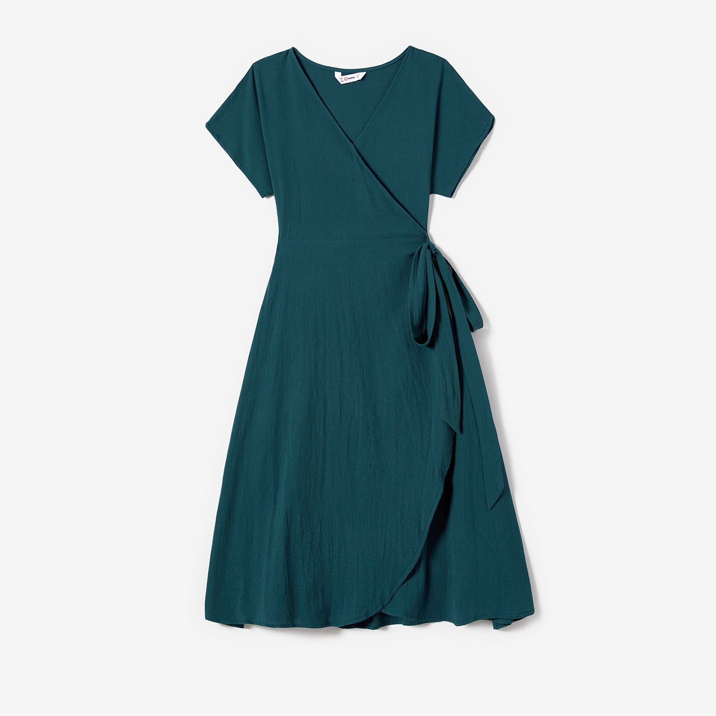 100% Cotton Family Matching Short-sleeve Belted Wrap Dresses and Color Block T-shirts Sets - 20638933