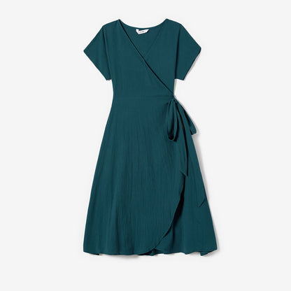 100% Cotton Family Matching Short-sleeve Belted Wrap Dresses and Color Block T-shirts Sets - 20638933