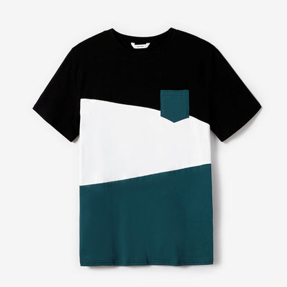 100% Cotton Family Matching Short-sleeve Belted Wrap Dresses and Color Block T-shirts Sets - 20638933