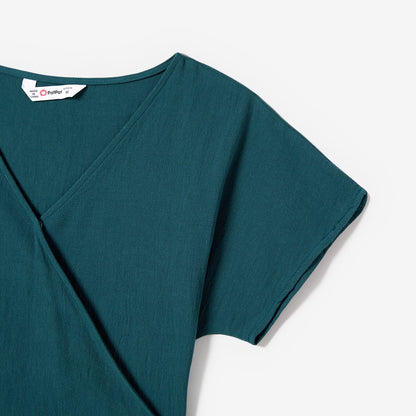 100% Cotton Family Matching Short-sleeve Belted Wrap Dresses and Color Block T-shirts Sets - 20638933