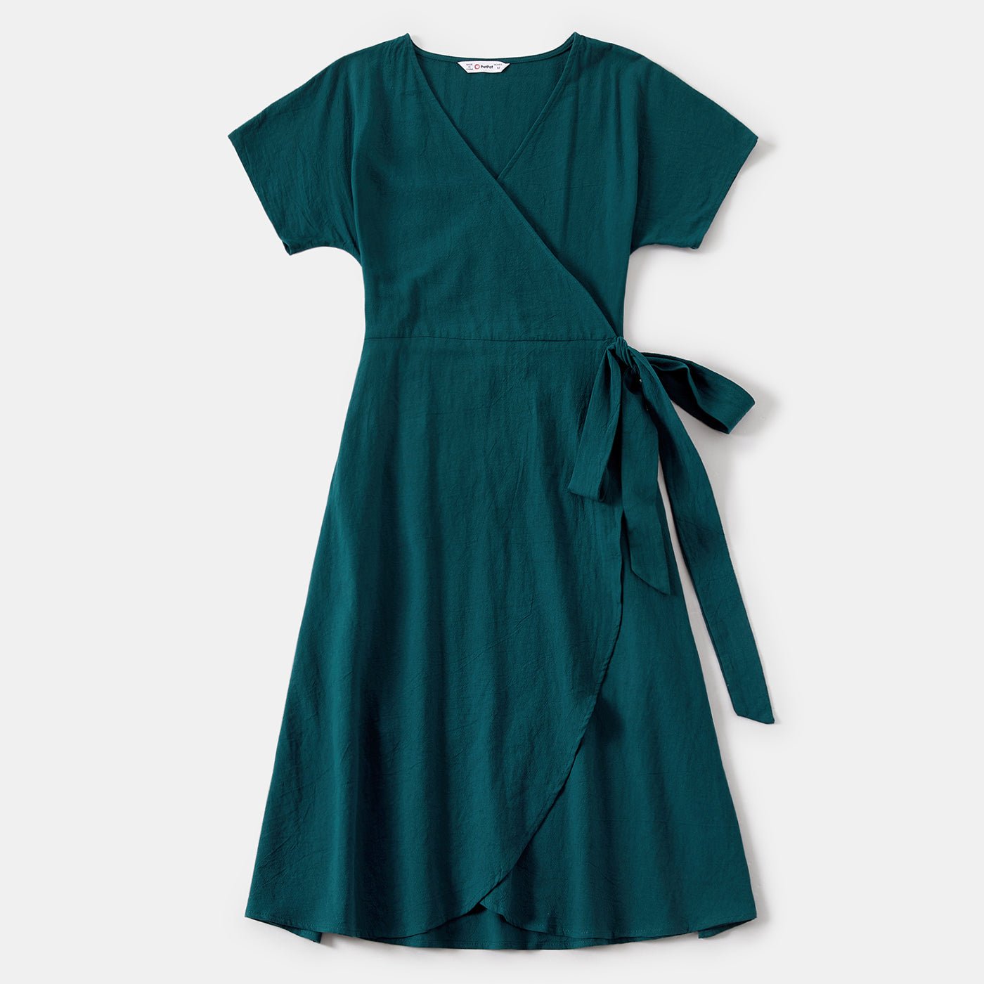 100% Cotton Family Matching Short-sleeve Belted Wrap Dresses and Color Block T-shirts Sets - 20638933