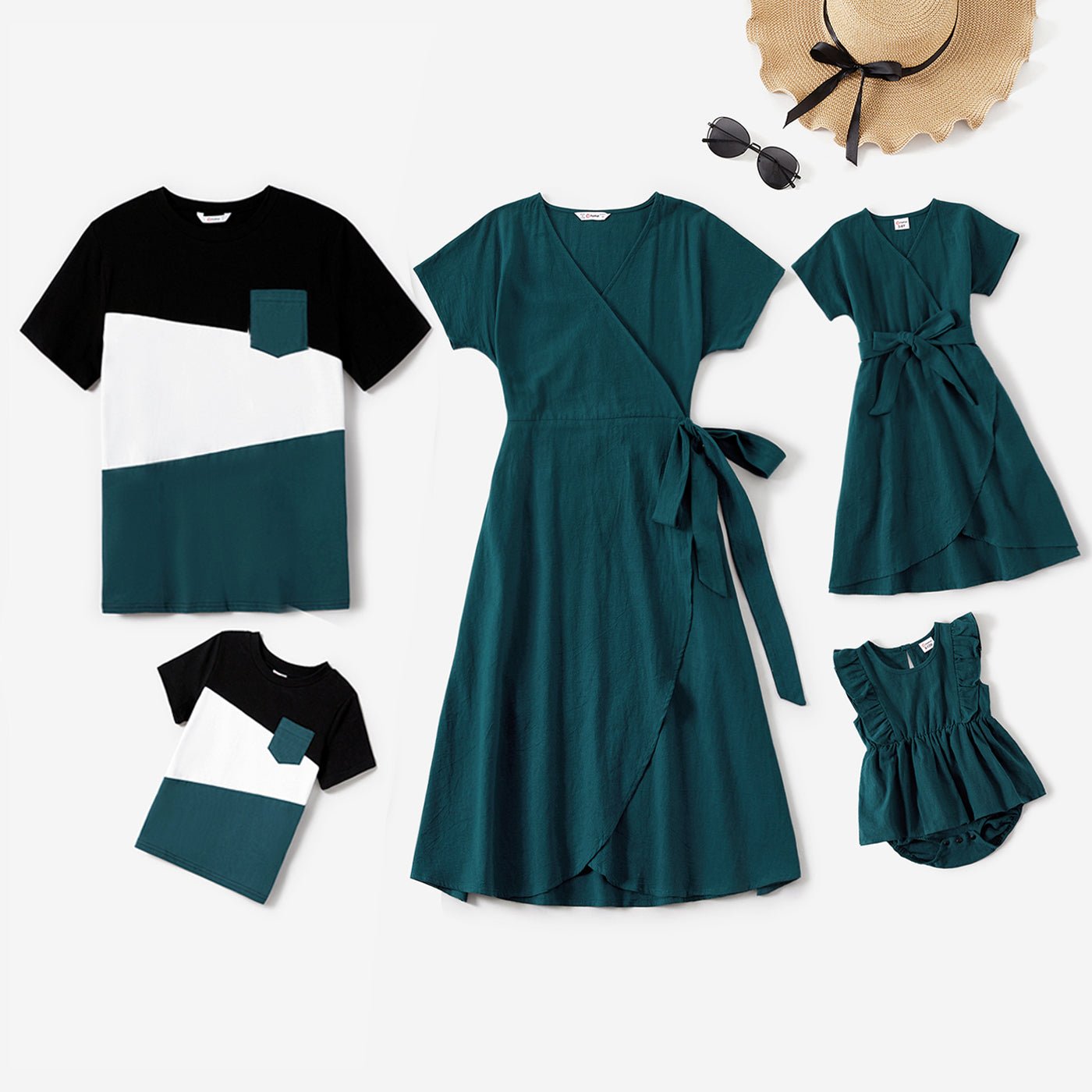 100% Cotton Family Matching Short-sleeve Belted Wrap Dresses and Color Block T-shirts Sets - 20638933