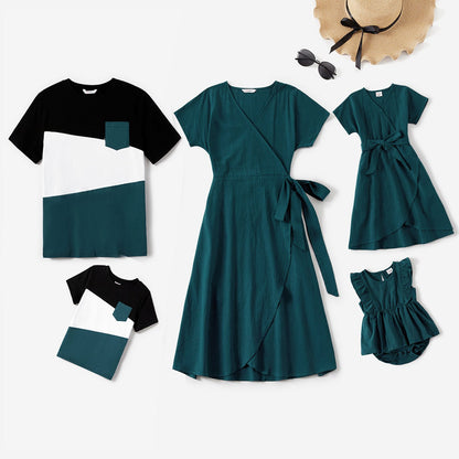 100% Cotton Family Matching Short-sleeve Belted Wrap Dresses and Color Block T-shirts Sets - 20638933