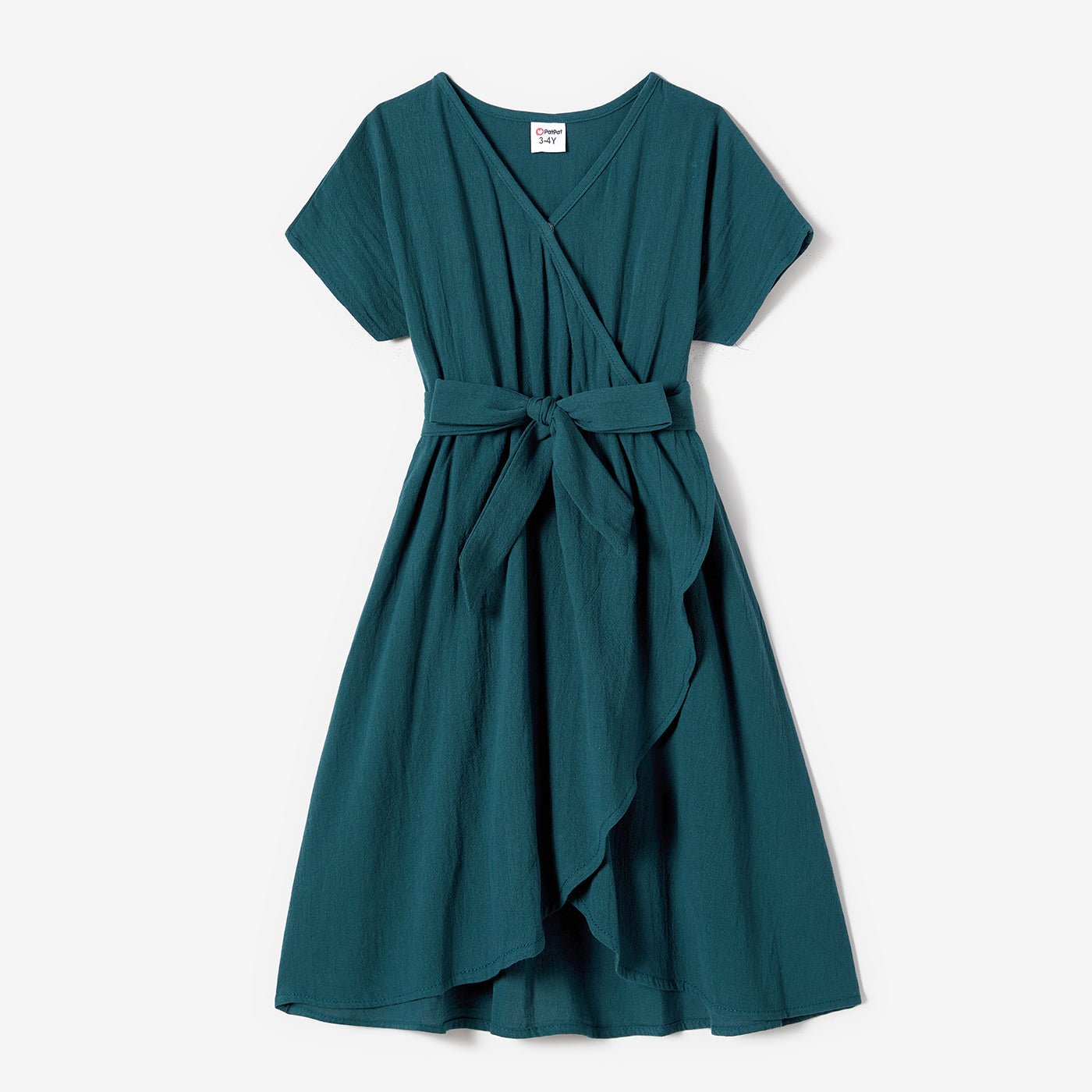 100% Cotton Family Matching Short-sleeve Belted Wrap Dresses and Color Block T-shirts Sets - 20638933