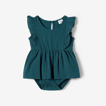 100% Cotton Family Matching Short-sleeve Belted Wrap Dresses and Color Block T-shirts Sets - 20638933