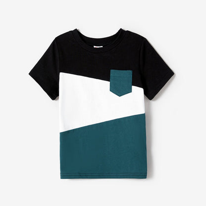 100% Cotton Family Matching Short-sleeve Belted Wrap Dresses and Color Block T-shirts Sets - 20638933