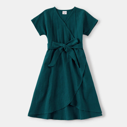 100% Cotton Family Matching Short-sleeve Belted Wrap Dresses and Color Block T-shirts Sets - 20638933