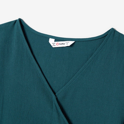 100% Cotton Family Matching Short-sleeve Belted Wrap Dresses and Color Block T-shirts Sets - 20638933