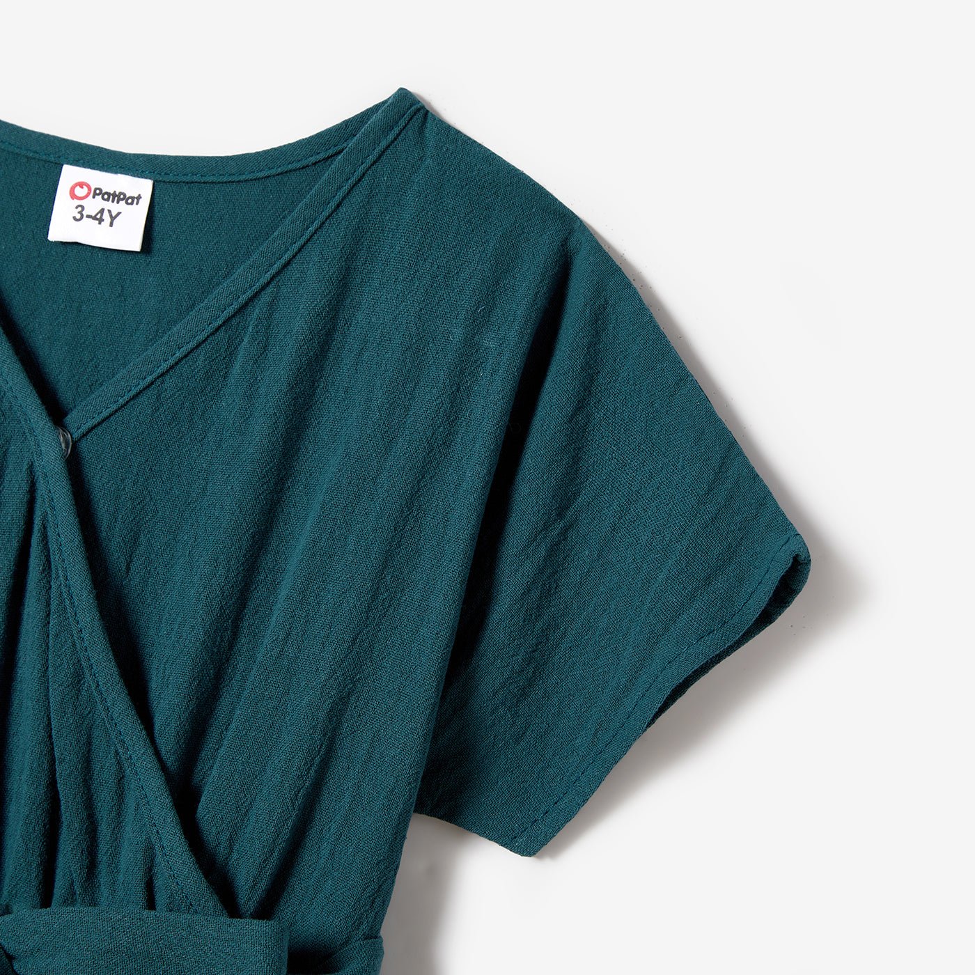 100% Cotton Family Matching Short-sleeve Belted Wrap Dresses and Color Block T-shirts Sets - 20638933