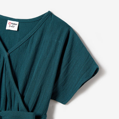 100% Cotton Family Matching Short-sleeve Belted Wrap Dresses and Color Block T-shirts Sets - 20638933