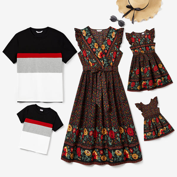 Family Matching Colorblock T-shirt and Floral Wrap Front V-neck Tiered Sleeveless Dress Set