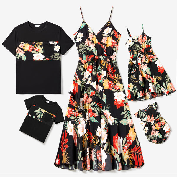 Family Matching Large Floral Wrap Front Strap Dress and Colorblock T-shirt Sets