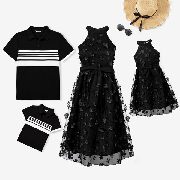 Family Matching Stripe Quarter Button Top and Black High Neck Halter 3D Flower Applique Mesh Dress Sets