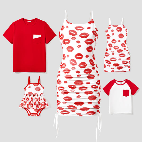 Valentine's Day Family Matching Solid Color Raglan-Sleeve Tee and Red Lip Print Bodycon Drawstring Mesh Strap Dress Sets