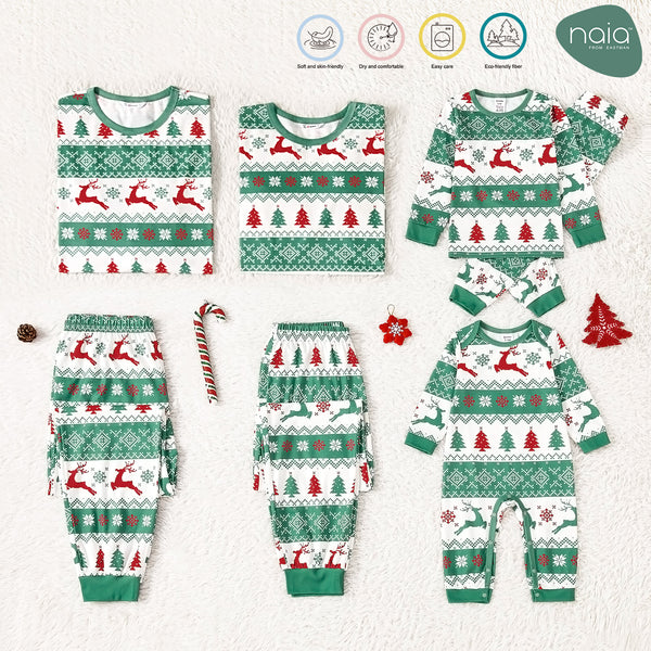 Christmas Family Matching Allover Xmas Tree & Reindeer Print Green Long-sleeve Naia? Pajamas Sets (Flame Resistant)