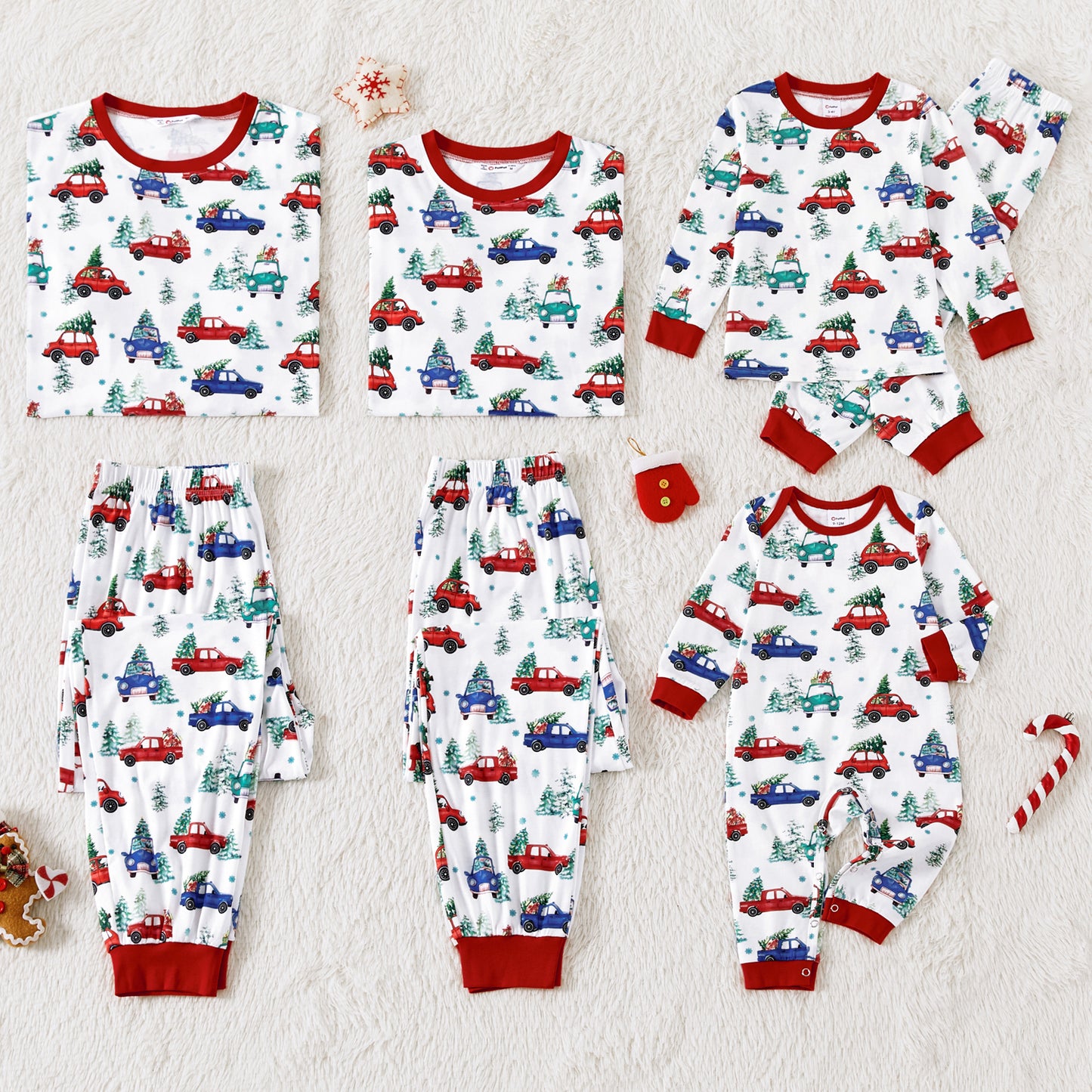 Christmas Allover red and Blue Car Print Family Matching Long-sleeve Pajamas Sets (Flame Resistant)