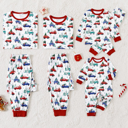 Christmas Allover red and Blue Car Print Family Matching Long-sleeve Pajamas Sets (Flame Resistant)