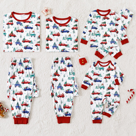 Christmas Allover red and Blue Car Print Family Matching Long-sleeve Pajamas Sets (Flame Resistant)