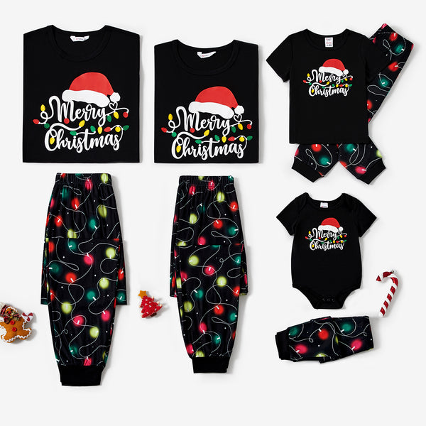 Christmas Family Matching Letters&Festive light bulb Print Short-sleeve Pajamas Sets(Flame resistant)