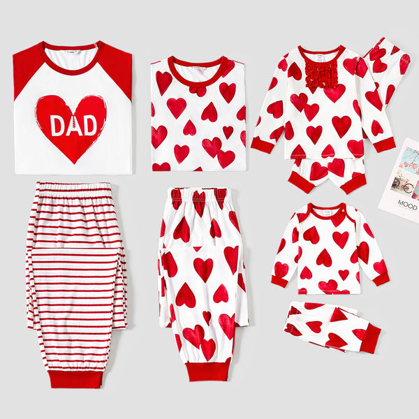 Valentine's Day Family Matching Heart Pattern Stripe Crew Neck Pajamas (Flame Resistant)