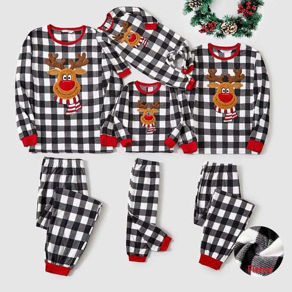 Christmas Family Matching Reindeer Patch Plaid Long Sleeve Pajamas Sets(Flame resistant)