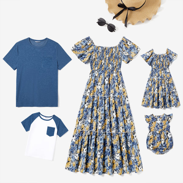 Family Matching Solid Color Blue Raglan Sleeve T-Shirt and Floral Shirred Tiered Dresses Sets