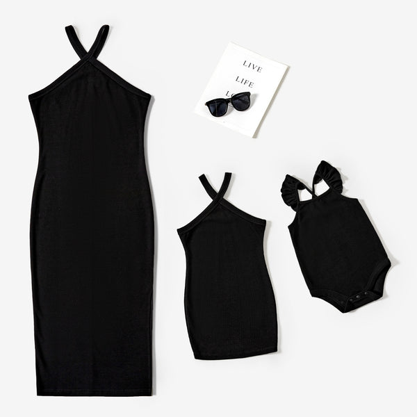 Mommy and Me Black Cross-Strap Bodycon Midi Dress